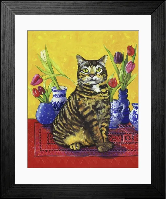 Framed Print : Cat & Tulips II 1997 Isy Ochoa (b.1961 / French) Oil on canvas Private Collection