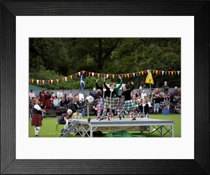Framed Print : Scotland, Aberdeenshire, Strathdon. Female highland dancers performing for the crowds at the Lonach Highland Games Framed Print : Scotland, Aberdeenshire, Strathdon. Female highland dancers performing for the crowds at the Lonach Highland Games