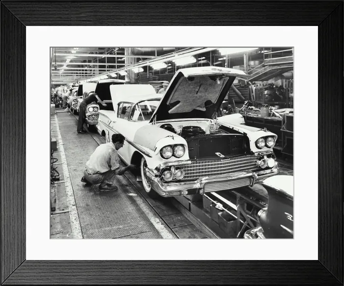 Framed Print : Workers working on assembly line of cars, Chevrolet Motor Division, Detroit, Michigan, USA Framed Print : Workers working on assembly line of cars, Chevrolet Motor Division, Detroit, Michigan, USA
