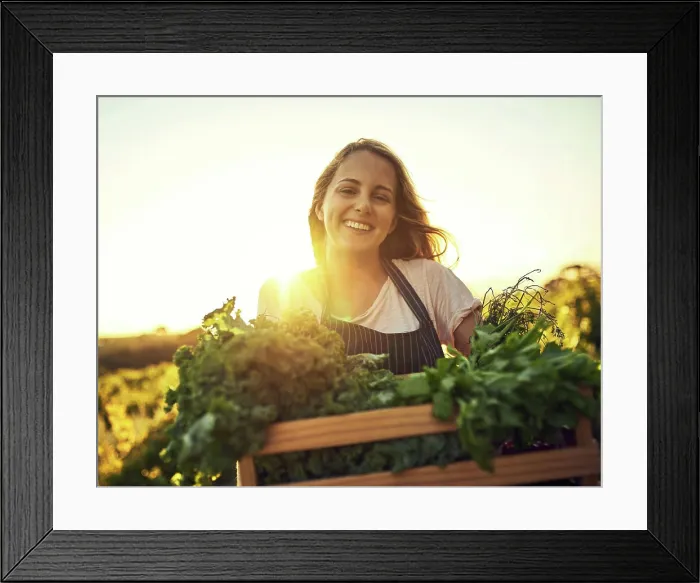 Framed Print : Portrait, farmer and vegetable harvest outdoor for natural diet