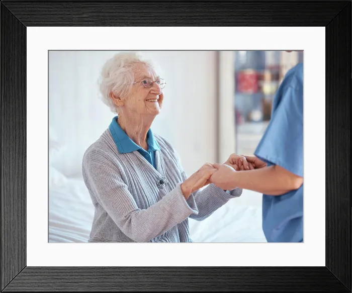 Framed Print : Elderly woman, nurse holding hands and nursing home support with medical professional exam Framed Print : Elderly woman, nurse holding hands and nursing home support with medical professional exam