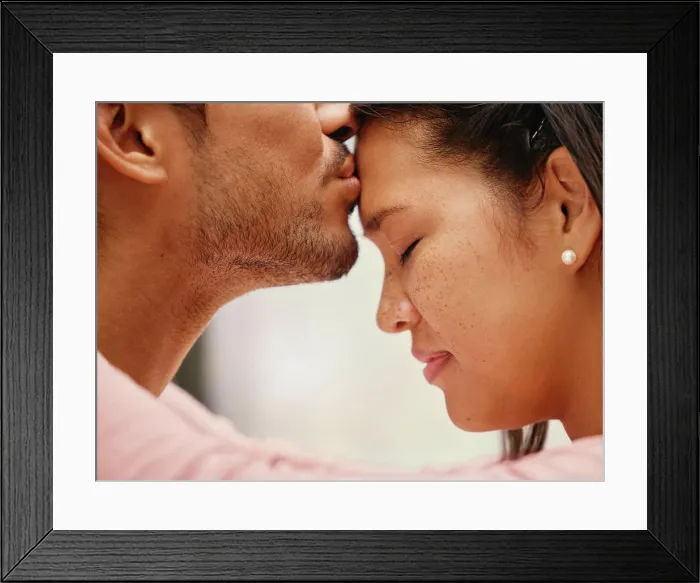Framed Print : Couple, smile and forehead with kiss and hug in home with bonding Framed Print : Couple, smile and forehead with kiss and hug in home with bonding