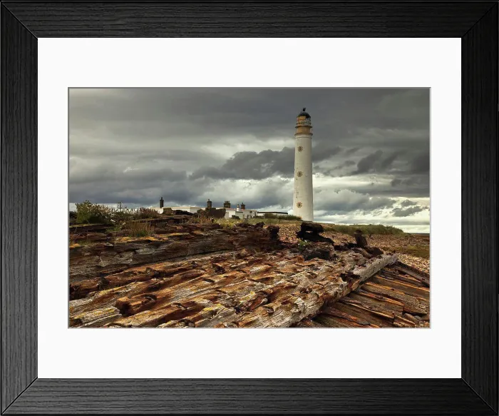 Framed Print : a lighthouse and piles of logs on the shore, lothian scotland Framed Print : a lighthouse and piles of logs on the shore, lothian scotland