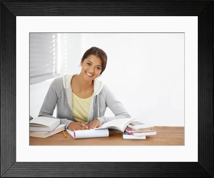Framed Print : Student, woman and portrait with books for study Framed Print : Student, woman and portrait with books for study