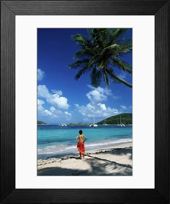 Framed Print : Woman on a beach with palm trees on Peter Island, British Virgin Islands, Caribbean, North America
