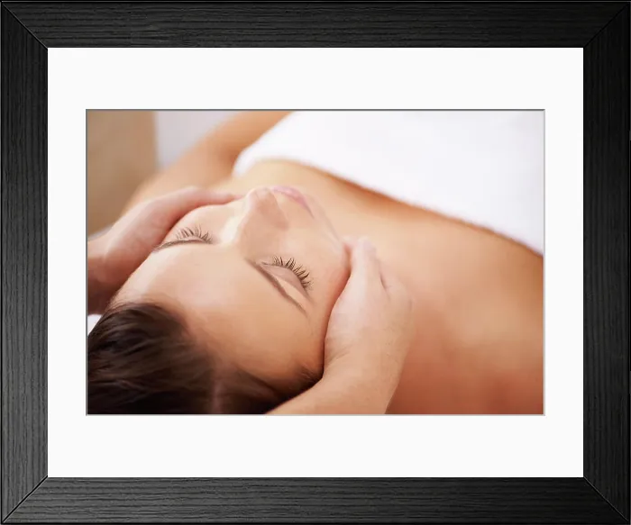 Framed Print : Space, woman and face massage for skincare Framed Print : Space, woman and face massage for skincare