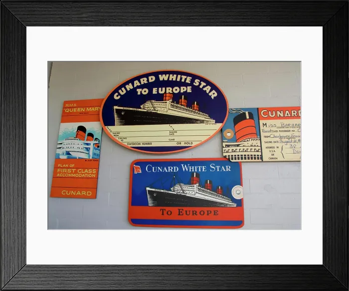 Framed Print : California, Long Beach, Queen Mary. Historic cruise liner now permanently moored in Long Beach. Queen Mary memorabilia