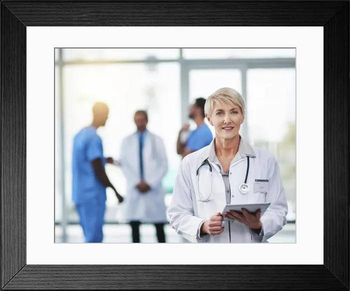 Framed Print : Woman, doctor and portrait with tablet for telehealth Framed Print : Woman, doctor and portrait with tablet for telehealth