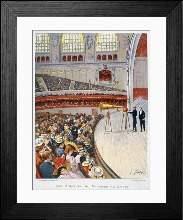 Framed Print : Demonstration on the stage of a crowded auditorium of Henri Liorets weight-driven cylinder phonograph mounted on a