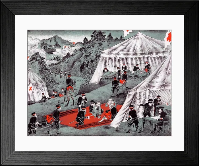 Framed Print : Woodcut illustration of Japanese Red Cross medics and volunteers attending to wounded Japanese and Russian soldiers Framed Print : Woodcut illustration of Japanese Red Cross medics and volunteers attending to wounded Japanese and Russian soldiers