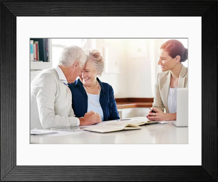 Framed Print : Old couple, financial advisor and smile for agreement