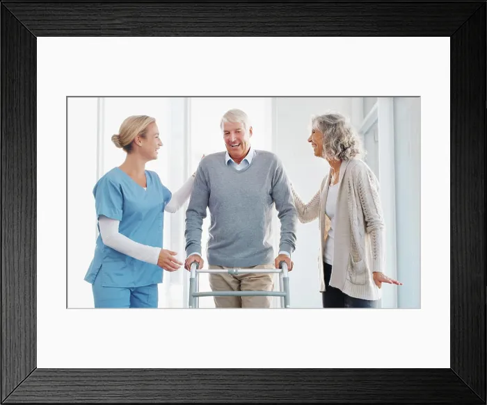 Framed Print : Caregiver, walking and old man with walker