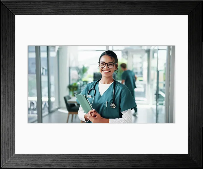 Framed Print : Nurse, woman and portrait with tablet in clinic for telehealth