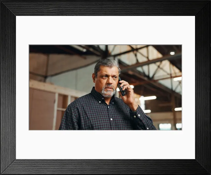 Framed Print : Phone call, carpenter and man in workshop