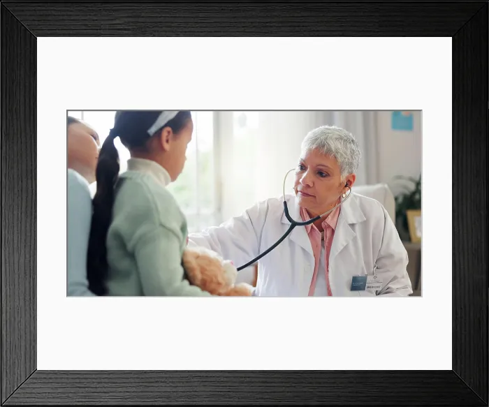 Framed Print : Healthcare, stethoscope and doctor with child listening for consulting Framed Print : Healthcare, stethoscope and doctor with child listening for consulting