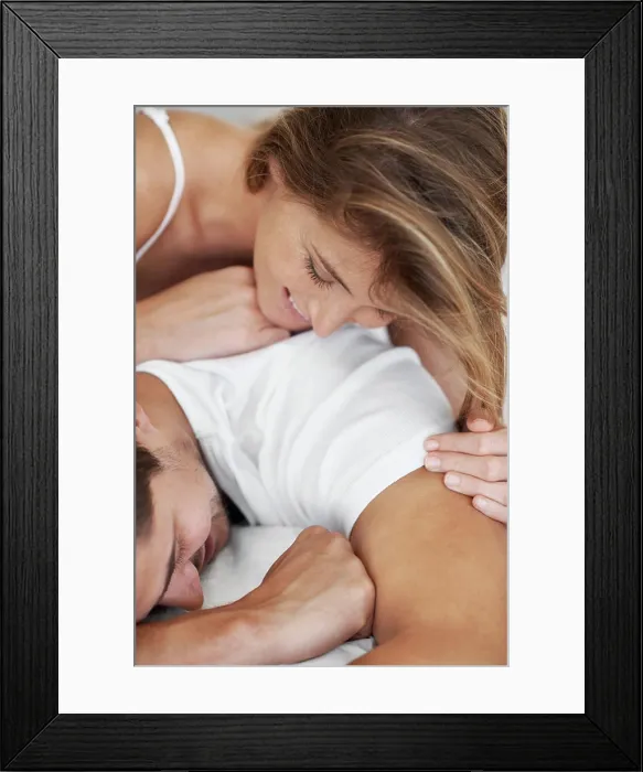 Framed Print : Smile, woman and man in bed with playful morning Framed Print : Smile, woman and man in bed with playful morning