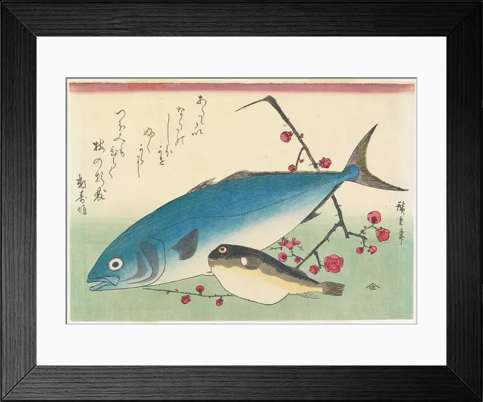 Framed Print : Yellowtail, Blowfish, and Plum Blossoms