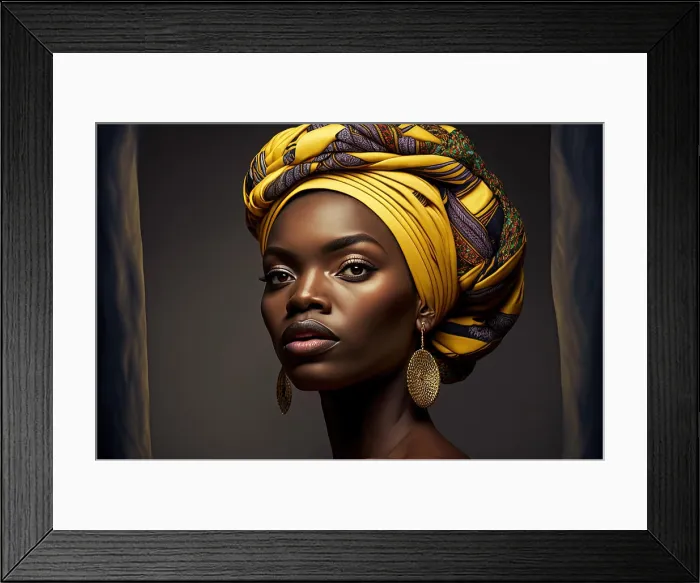 Framed Print : shot of a woman wearing a traditional african head wrap. Generative AI Framed Print : shot of a woman wearing a traditional african head wrap. Generative AI