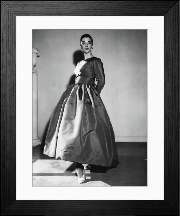 Framed Print : Scarlet Nights -- A red faille evening gown with a close-fitting bodice covered by a bolero Framed Print : Scarlet Nights -- A red faille evening gown with a close-fitting bodice covered by a bolero