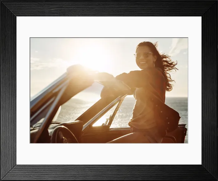 Framed Print : Travel, car and portrait with woman by ocean for outdoor summer sunset Framed Print : Travel, car and portrait with woman by ocean for outdoor summer sunset