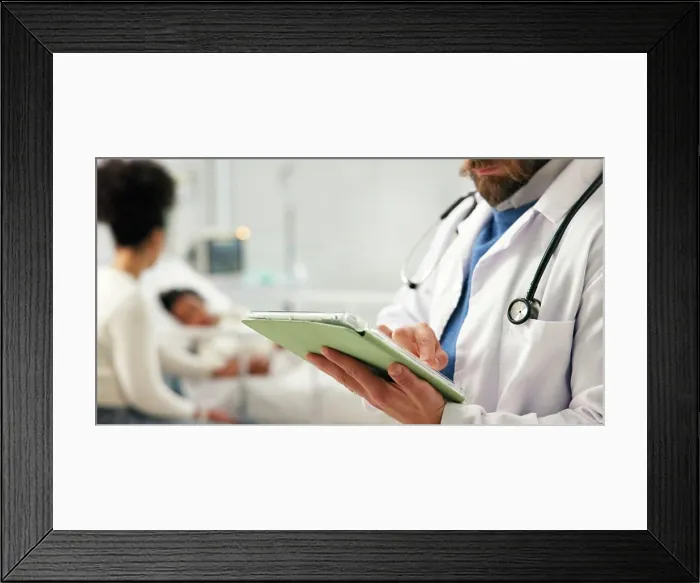 Framed Print : Doctor, hands or typing in hospital with tablet for pediatric patient history Framed Print : Doctor, hands or typing in hospital with tablet for pediatric patient history
