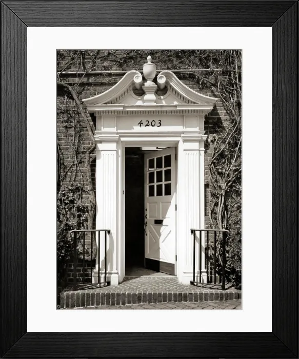 Framed Print : 1960s OPEN FRONT DOOR WITH ARCHITECTURAL DETAIL OF BROKEN OR OPEN SWAN NECK PEDIMENT WITH URN Framed Print : 1960s OPEN FRONT DOOR WITH ARCHITECTURAL DETAIL OF BROKEN OR OPEN SWAN NECK PEDIMENT WITH URN