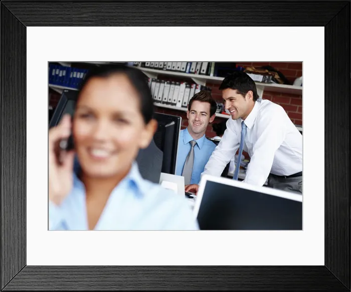 Framed Print : Businessman, teamwork and helping on computer in office with payroll system Framed Print : Businessman, teamwork and helping on computer in office with payroll system