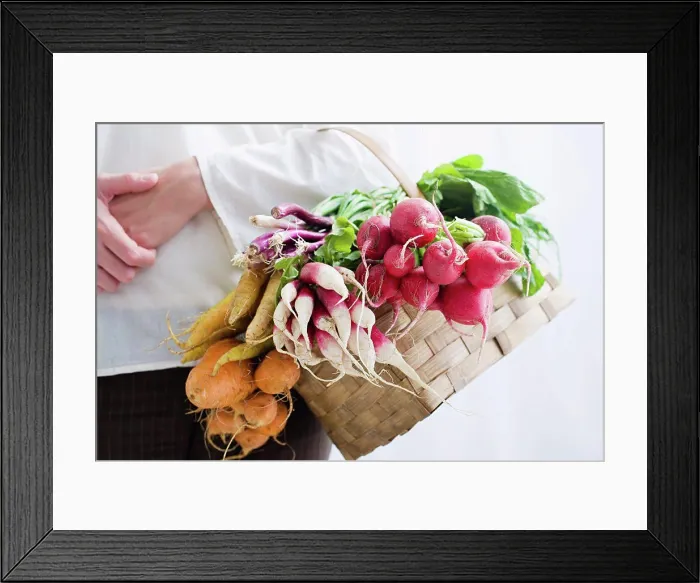 Framed Print : Woman holding basket of beetroot and radishes Framed Print : Woman holding basket of beetroot and radishes