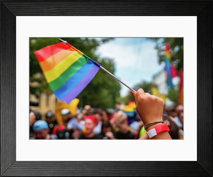 Framed Print : Hand hold a gay lgbt flag at LGBT gay pride parade festival LGBT pride Framed Print : Hand hold a gay lgbt flag at LGBT gay pride parade festival LGBT pride