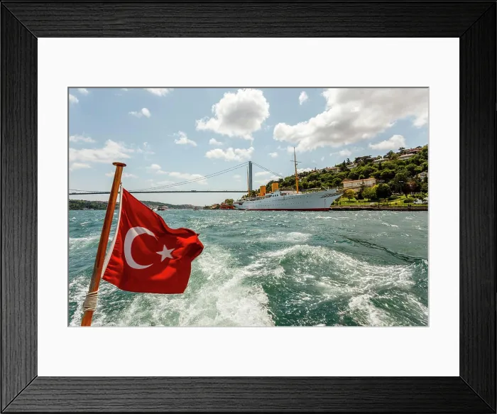 Framed Print : Ataturk's yacht Savarona, Turkish flag and bridge, Bosphorus, Istanbul, Turkey Framed Print : Ataturk's yacht Savarona, Turkish flag and bridge, Bosphorus, Istanbul, Turkey