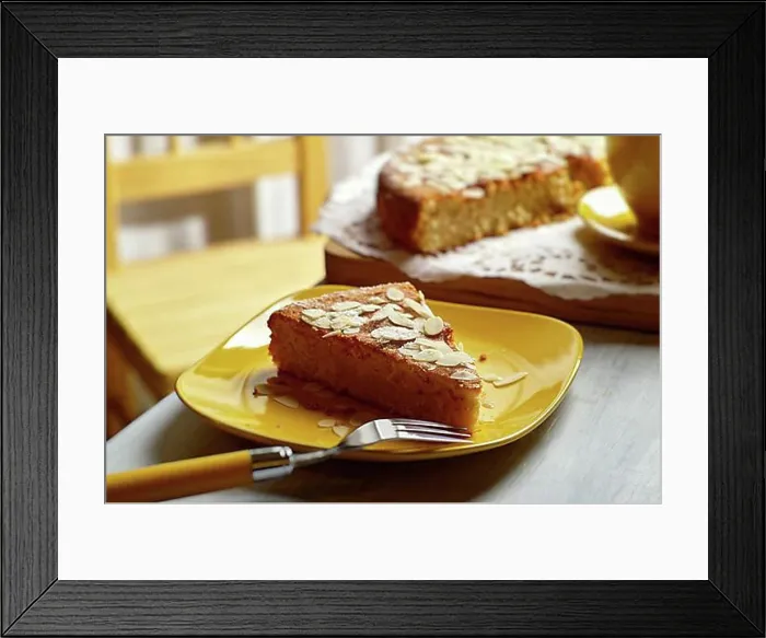 Framed Print : Ricotta Almond Cake on a Wooden Platter Framed Print : Ricotta Almond Cake on a Wooden Platter