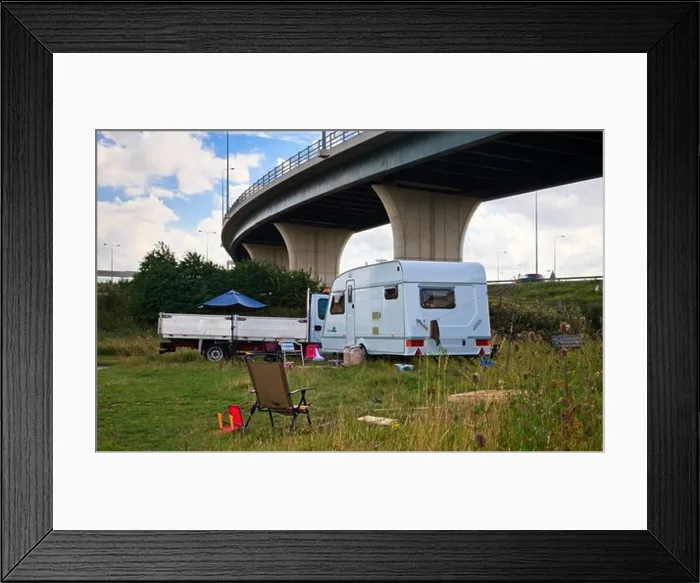 Framed Print : Gypsy caravan and truck on grassland under the flyover, Yorkshire, England Framed Print : Gypsy caravan and truck on grassland under the flyover, Yorkshire, England