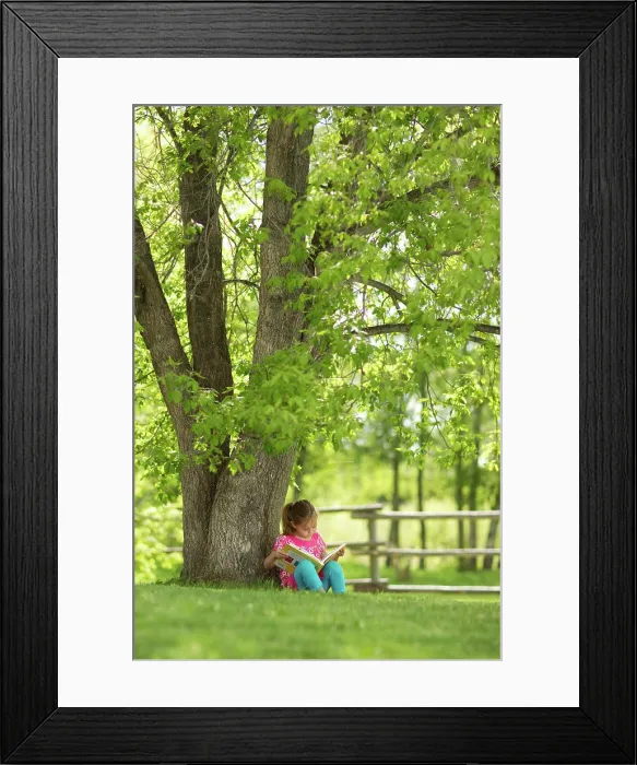 Framed Print : Younge girl reading a book under a tree in Northern Alberta, Canada Framed Print : Younge girl reading a book under a tree in Northern Alberta, Canada