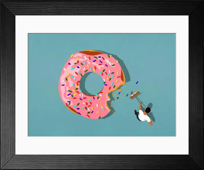 Framed Print : Man with broom sweeping up donut sprinkles Framed Print : Man with broom sweeping up donut sprinkles
