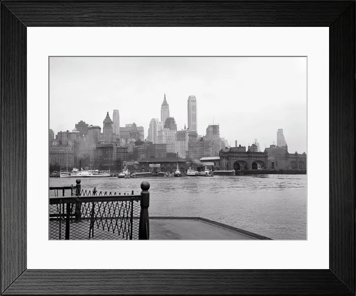 Framed Print : 1930s SKYLINE OF LOWER MANHATTAN BUSINESS DISTRICT SIGHT SEEING BOATS TERMINAL SLIPS FROM DECK OF STATEN ISLAND FERRY Framed Print : 1930s SKYLINE OF LOWER MANHATTAN BUSINESS DISTRICT SIGHT SEEING BOATS TERMINAL SLIPS FROM DECK OF STATEN ISLAND FERRY