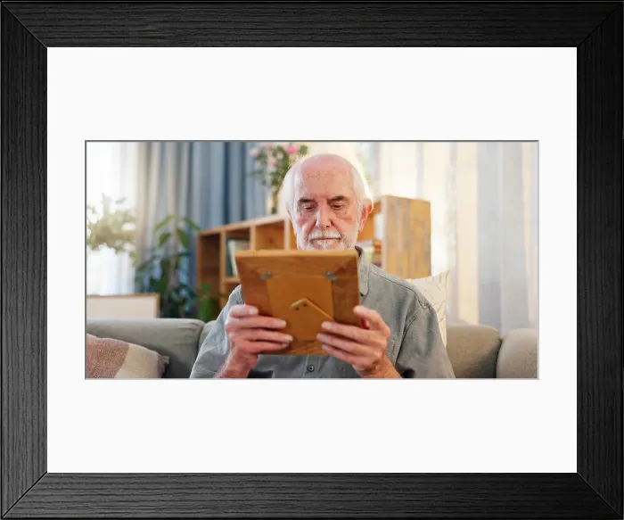 Framed Print : Retirement, senior man and frame with nostalgia Framed Print : Retirement, senior man and frame with nostalgia