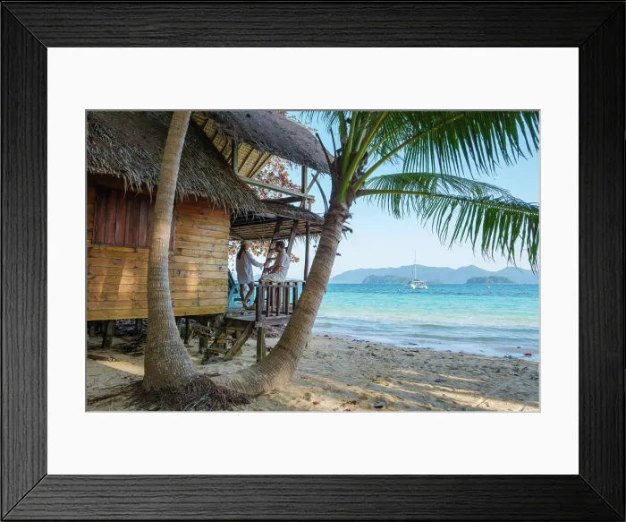Framed Print : Koh Wai Island Trat Thailand near Koh Chang with a wooden bamboo hut bungalow on the beach Koh Wai Island Trat Thailand