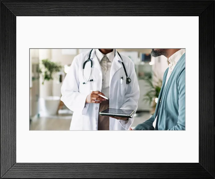 Framed Print : Tablet, hands and patient with doctor in clinic for checkup with cold Framed Print : Tablet, hands and patient with doctor in clinic for checkup with cold