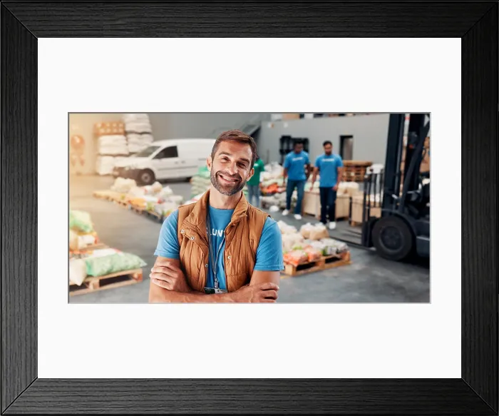 Framed Print : Portrait, volunteer and man with arms crossed Framed Print : Portrait, volunteer and man with arms crossed