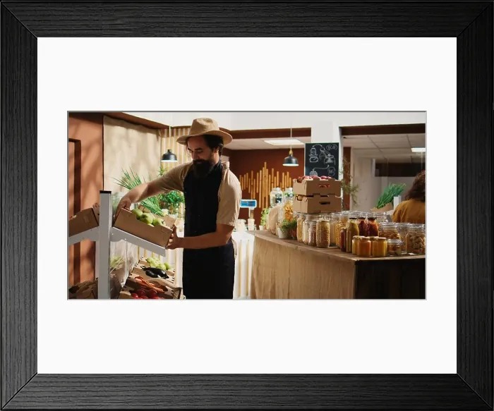 Framed Print : Locally grown food bio store restock