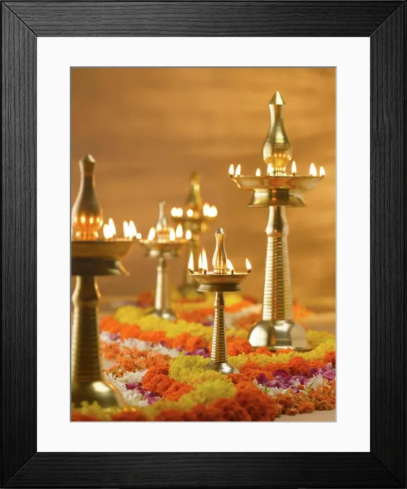 Framed Print : Brass lamps and flowers decoration during diwali festival India Copyright: xVirenxDesai / DinodiaxPhotox