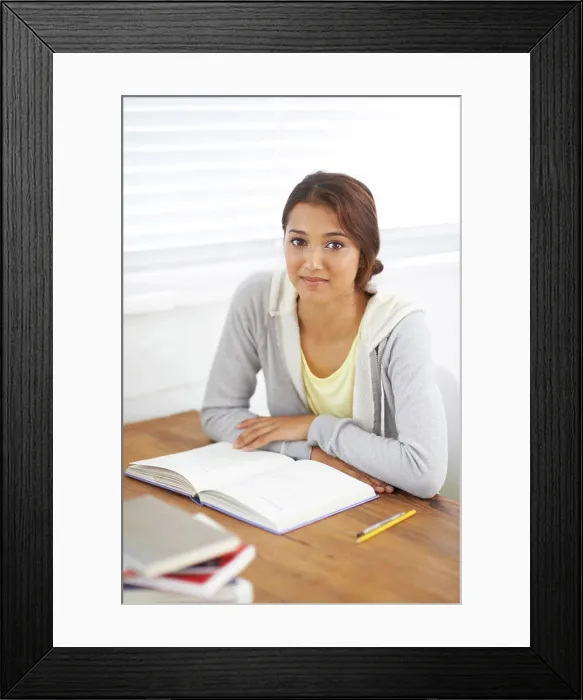 Framed Print : Portrait, book or woman at table in university Framed Print : Portrait, book or woman at table in university