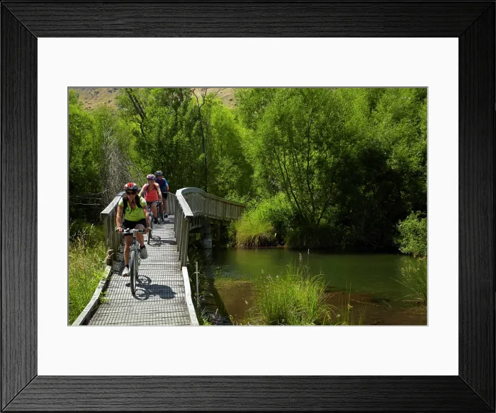 Framed Print : Mountain bikers on the wetlands boardwalk on the Lake Hayes Circuit