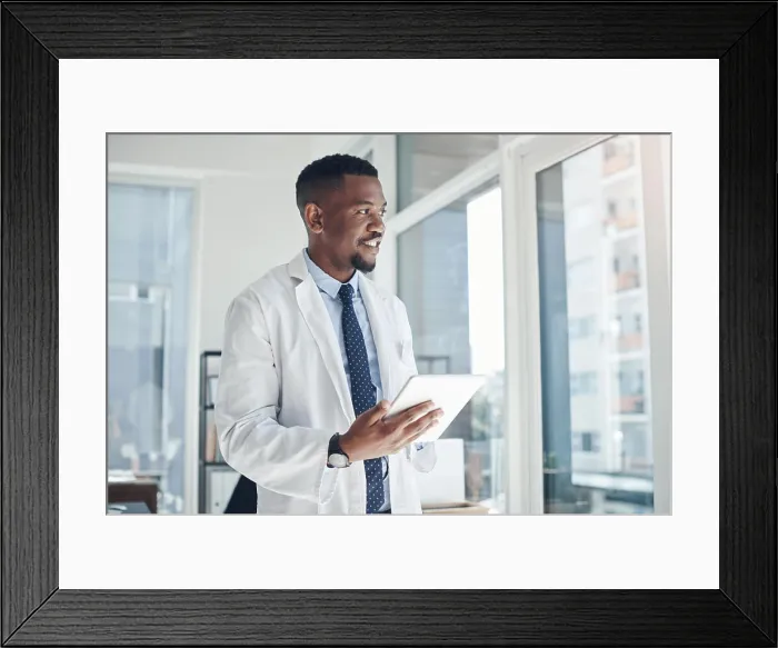 Framed Print : Smile, doctor and black man with tablet Framed Print : Smile, doctor and black man with tablet