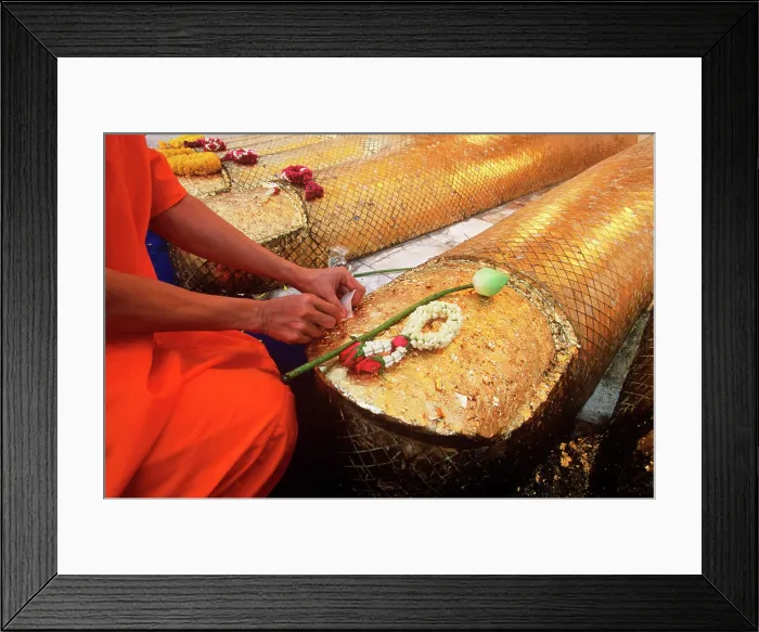 Framed Print : South East Asia, Thailand, Bangkok, Monks places offering at Buddha statue feet. Wat Indrawahim Framed Print : South East Asia, Thailand, Bangkok, Monks places offering at Buddha statue feet. Wat Indrawahim