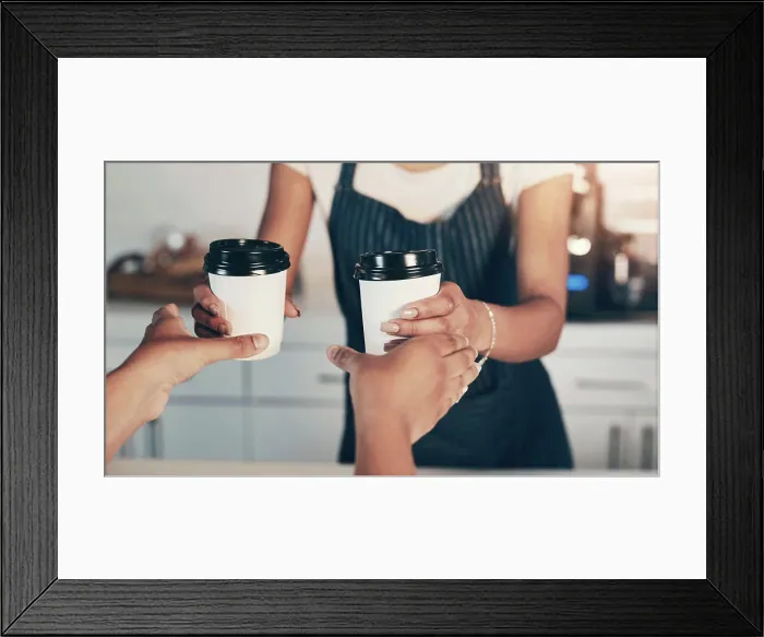 Framed Print : Hands, customer and coffee service with barista for order