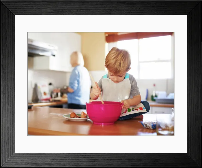 Framed Print : Child mixing, mom and baking together in kitchen for development