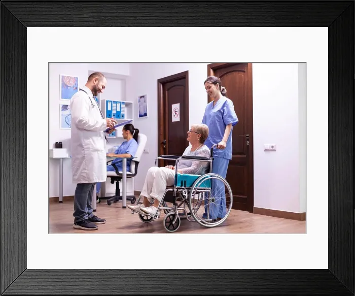 Framed Print : Examination of disabled senior woman Framed Print : Examination of disabled senior woman