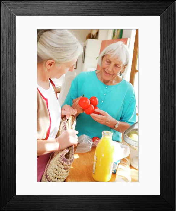 Framed Print : Home care attendant helping 80 years old elderly woman with shopping Framed Print : Home care attendant helping 80 years old elderly woman with shopping