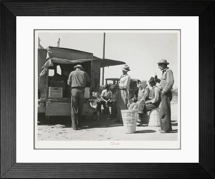 Framed Print : Pea pickers stop for a soft drink Framed Print : Pea pickers stop for a soft drink